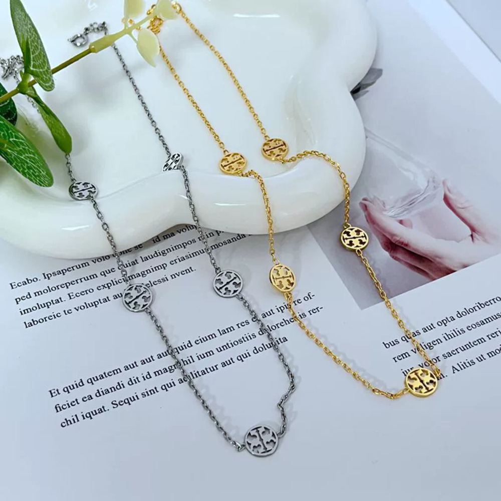 Tory Burch Geometric Round Hollow Letter Metal Necklace